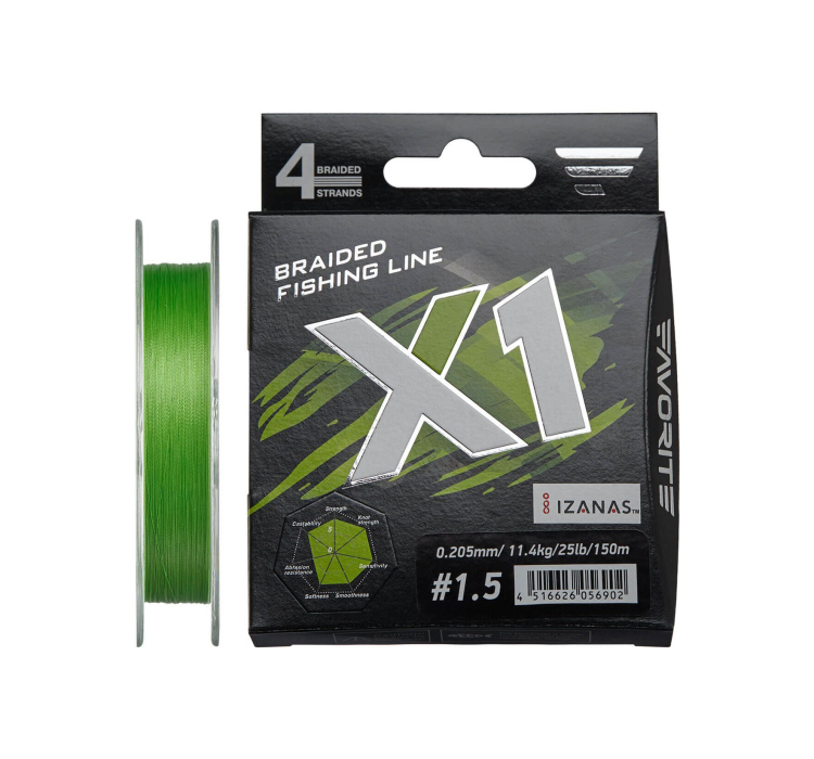 Шнур Favorite X1 PE 4x 150m (l.green) #1.5/0.205mm 25lb/11.4kg - 1 Шнур Favorite X1 PE 4x 150m (l.green) #1.5/0.205mm 25lb/11.4kg - 1