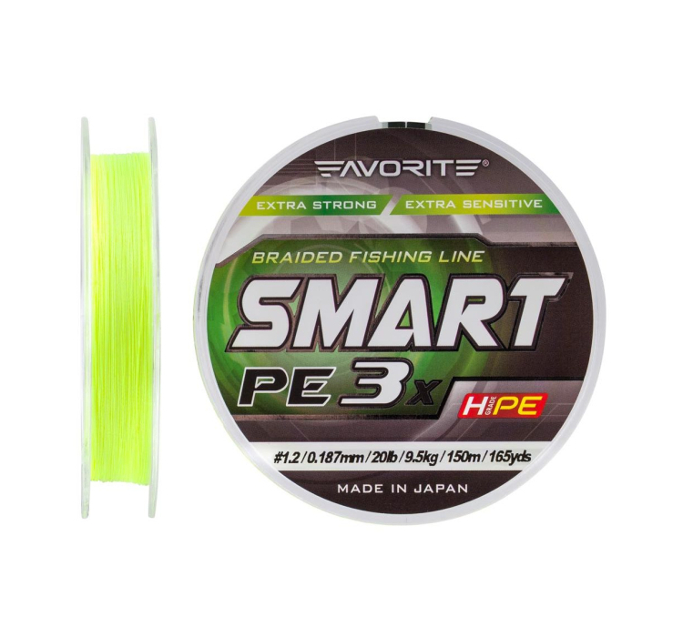 Шнур Favorite Smart PE 3x 150м (fl.yellow) #1.2/0.187mm 20lb/9.5kg - 1 Шнур Favorite Smart PE 3x 150м (fl.yellow) #1.2/0.187mm 20lb/9.5kg - 1