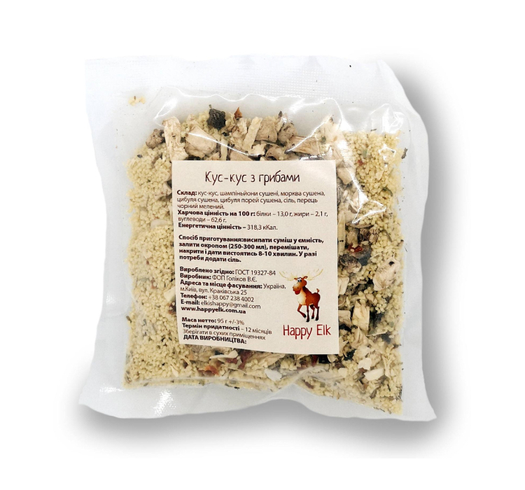 Кус-кус з грибами Happy Elk прозора упаковка - 1 Кус-кус з грибами Happy Elk прозора упаковка - 1