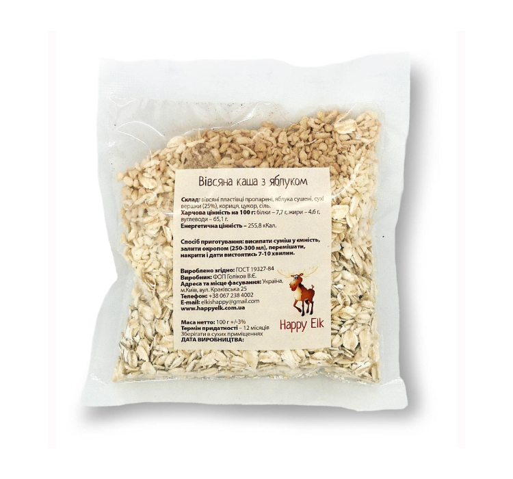 Вівсяна каша з яблуком Happy Elk прозора упаковка - 1 Вівсяна каша з яблуком Happy Elk прозора упаковка - 1